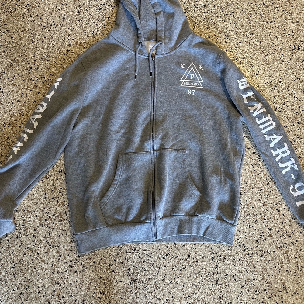 Gray Zip-Up Hoodie with Graphic Print